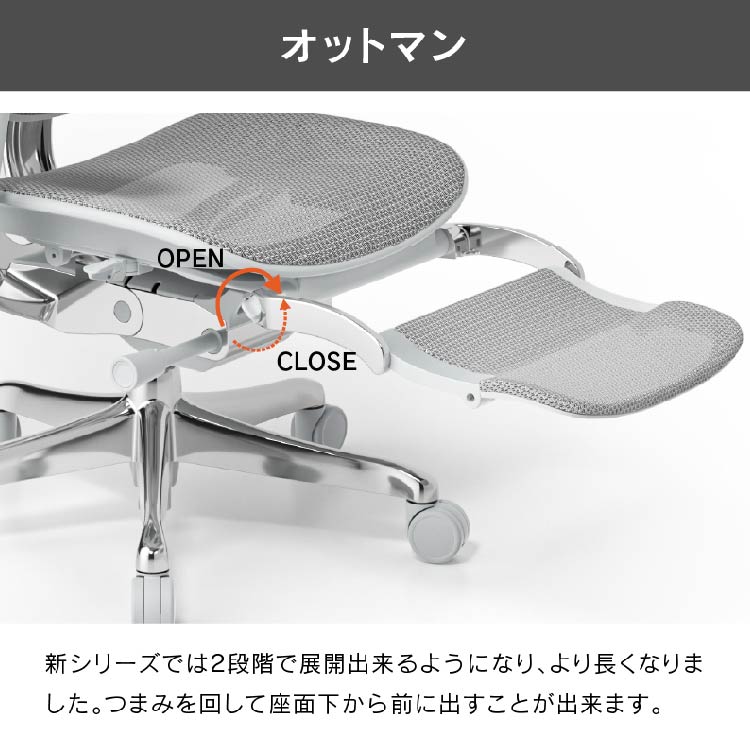 エルゴヒューマン プロⅡ ハイタイプ オットマン付 グレーフレーム ホワイト ウレタンキャスター ホワイト×グレー ウレタンキャスター